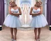 2020 Cheap Spaghetti Straps Gray Blue Lace A Line Homecoming Dresses Tulle Applique Knee Length Short Prom Party Cocktail Dresses5383760