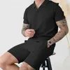 Tracksuits masculinos Casual Loose Fit Homens Terno Relaxado Conjunto Desportivo Verão Outfit com V-Pescoço T-shirt Larga Perna Shorts para