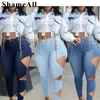 Plus size Street Street ASYMMETRICA CUT COLLE JEANS magro 3xl Women Party Club Outfit Sexy Rinfed Mid Waist Denim Pant 240315