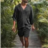 Fashion Men Two Piece Set Casual Cotton Linen Solid Loose Outfits Summer Half Sleeve V-Neck T-Shirt And Shorts Suits For Mens S-3XL