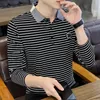 2023 Business Casual Poloneck Striped Tshirt for Men Fashion Allmatch Long Sleeve Tops