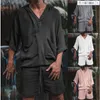 Fashion Men Two Piece Set Casual Cotton Linen Solid Loose Outfits Summer Half Sleeve V-Neck T-Shirt And Shorts Suits For Mens S-3XL