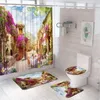 Duschvorhänge, Vintage-Blumen-Fahrrad-Vorhang-Set, rosa Rose, Blumenwand, rustikale, klassische Badezimmerteppiche, rutschfeste Toilettendeckelabdeckung, Badematte