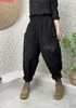 Damen Jeans 2024 Frau Falten Künstlerische Patch Patchwork Tasche Hinzugefügt Samt Wärme Mode Lose Elastische Taille Gerade Harem Hosen