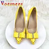 Dress Shoes 2023 New Summer Fashion Butterfly-knot Party 10CM Women Pointed Toe High Heels Big Size 43 Metal Rivet Yellow SingleWYK7 H240321