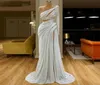 Sparkly White One Shoulder Prom Dresses Ruffles Slit Long Sleeves Evening Gowns Sequined Sweep Train Formal Party Dress Custom Mad3706160