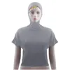 エスニック服イスラム教徒の女性プレーンカラートップフード付き半袖ブラウスストレッチビーチウェアイスラムボトムシャツアラビアヒジャーブTシャツ