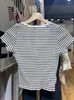 Women's T Shirts Vintage Ribbed Button Striped Shirt Casual Round Neck Cotton Summer Short Sleeve Tees Women Classic Streetwear Slim Crop
