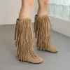 Boots 2024 Fashion Ethnic Woman Bohemian Flock Tassle Hidden Moccasin MidCalf Boots Fringe Female Slip On Shoes Autumn Winter New