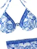 Damen-Bademode, Damen-Bikini-Set, Blumen-blauer und weißer Porzellan-Druck, BH-Slip mit Binderock, Badeanzug, 3-teiliger Badeanzug