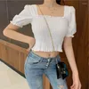 Women's T Shirts Square Neck T-shirt Women Short Puff Sleeve Chiffon Slim Solid Color Black White Cropped Top