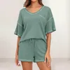 Women's Tracksuits 2 Pcs/Set Women Top Shorts Set Knitted Waffle Texture Short Sleeves Loose Homewear Sports Clothes Summer Pajamas