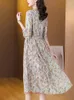 パーティードレスフローラルミディボーホーサマーエレガントな女性ドレス2024 Vネックフリルシフォンチュニック韓国のファッションボディコンコンイブニング