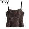 TRAF 2024 Print Leopard Crop Top Women Sleeveless Lace Satin Top Female Backless Sexy Tank Top Woman Vintage Bow Camisole Tops 240408