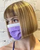 Ombre Highlight Blonde Full Machine Made Wig with Bangs 180% Density Short Bob Straight Non Lace Front Wig Remy Brazilian Hair