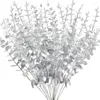 Fleurs décoratives 20 pièces tiges d'eucalyptus argentées feuilles artificielles décor Branches avec fausse tige de plante pour Vase Bouquet de mariage