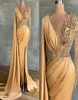 Gorgeous Gold Mermaid Evening Dresses for Women Pearls Beaded Sexy V Neck High Split Prom Party Gowns Ruched Satin With Long Wrap 7277423