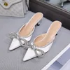 Bling Women Slippers Pointed Toe Bow Design Slides Flats Heeled Crystal Slides Casual Beach Shoes Sweet Sandals Mules 210513