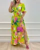 Parti Elbiseleri 2024 Yaz Kadınlar Yarım Kollu Kesim V Yastık Twist Zarif Kravat Boyalı Çiçek Baskılı Fener Kılıf Bölünmüş Uyluk Maxi Elbise