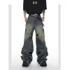 Jeans pour hommes bouton en métal jambe large hip-hop européen et américain high street personnalisé évider pantalon droit lâche pour hommes