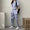 Women Clothing Set Short Sleeve T-shirtPant 2Pcs Summer Camouflage Tie-Dyed Loose Tees Tops Sports Casual Suit 240320