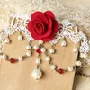 Charm Bracelets Womens Sexy Handmade Red Flower Rose White Lace Faux Pearl Drop Arm Band Armband Armlet Bracelet Bridal Dance Wedding