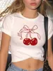Women's T Shirts 2024 Summer Navel Exposed Solid Color Top Slim Fit Cute Round Neck Bow Cherry Print Short Sleeved T-Shirt