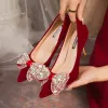 Buty Rimocy czerwone bling duże kryształowe pompki Kobiety Bowtie Stado cienkie obcasy ślubne buty Kobieta błyszczącego dysze buty na obcasie buty