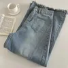 Jeans pour femmes Vintage Femmes Bleu Denim Pantalon Taille Haute Solide Large Jambe Effilochée Hem Lâche Été Mince Femme Polyvalente Porter