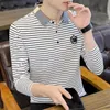 2023 Business Casual Poloneck Striped Tshirt for Men Fashion Allmatch Long Sleeve Tops