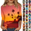 Kvinnors T-skjortor Hawaii Tryck Tre kvart ärm Sleeve Button Neck Casual Top T-shirt med en bas