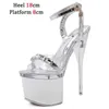 Klänningskor Voesnees Super High Heel 18cm Silver Stiletto Cross Stems Womens Sandals Nightclub Sex 41 42 43 Women Pole Dance22i2 H240321