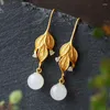 Dangle Earrings S925 Sterling Silver Leaf Vintage Court Natural Hetian Jade Round Beads Twig Simple Fashion Accessories Women