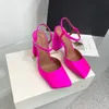 Amina Muaddi Sandales Charlotte Pump Robe en satin orchidée 95 mm Cristal incrusté Bouts carrés Talon épais Cuir verni Talons hauts Chaussures de luxe pour femmes avec boîte