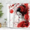 Cortinas de ducha Cortina japonesa Luna roja Flor de cerezo Rama Glam Mujeres Chica china Pintura de tinta tradicional Decoración de baño