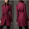 Trench coat feminino 2024 outono cáqui preto e vinho vermelho S-2XL duplo breasted longo fino blusão feminino 240306
