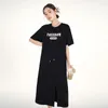 Party Dresses Toyouth Women Dress 2024 Summer Short Sleeve O Neck Loose DrawString midjebrev Tryck avslappnad mångsidig svart t-shirt kjol