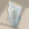 Kadın Mayo Katı Pu Sahte Deri Bir Omuz Kadın Parçası Mayo Kadın Yüksek Bacak Kesilmiş Yastıklı Bater Mayo Kuşağı Bodysuit