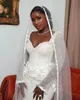 Wedding Mermaid Dresses Pearls Long Sleeve Beaded Flowers Stain Strapless Bridal Gwon Customized Arabic Aso Ebi