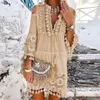 Abiti Casual Donna Stampa Vintage Scollo a V Nappa Mini Abito Allentato Manica a Tre Quarti Spiaggia 2024 Primavera Estate Party Femme