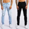 Jeans masculinos skinny cintura alta estiramento rasgado perna cônica azul claro jeans para homens