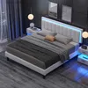 Other Bedding Supplies Large bed frame with LED lights decorative artificial leather bed with adjustable top plate and footboard easy to assemble white Y240320