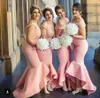 New Fashion Pink High Low Mermaid Bridesmaid Dresses 2017 Lace Off Shoulder Satin Sheath Maid Of Honor Gowns Plus Size Wedding Gue9524690