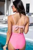 Kvinnors badkläder rosa färgblock klippt ut knuten rygglös en bit baddräkt sexig v nack ärmlös tank S-xl baddräkt