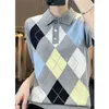 Sommer Frauen Vintage Klassische Argyle Kurzarm Gestrickte T-shirt Y2K Weibliche Trendy Casual Polo Kragen Lose Chic Tops 240315