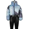 Latest Design Winter Women Short Padded Jacket Stand Collar Zipper Keep Warm Bubble Coat Patchwork Denim Print Puffer Jacket