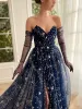 Navy Sexy Blue Evening Dresses Sweetheart Side Split Prom Gowns Sparking Shining Stars Formal Dress Without Long Gloves