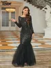 Casual Dresses Yesexy Black Round Neck Long Sleeve Sequin Panel Mesh Mermaid aftonklänning