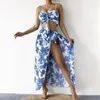 Casual Dresses Summer Floral Print High Waist Seaside Beach Swimsuit Female Three Pieces Pleated Bra Thongs Cover Ups Holiday Outfits