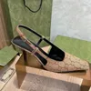 Designer sandaler slingback höga klackar snörning sandaler mitt klack svart mesh diamant dekoration tryckta skor modeklänning skor gummiläder skor